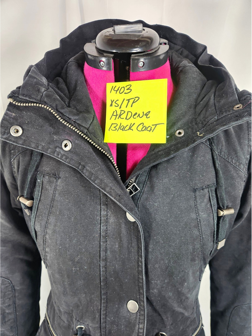 Ardene Women's XS Black Hooded Parka Coat Full Zip Snap Pockets Lined Mid